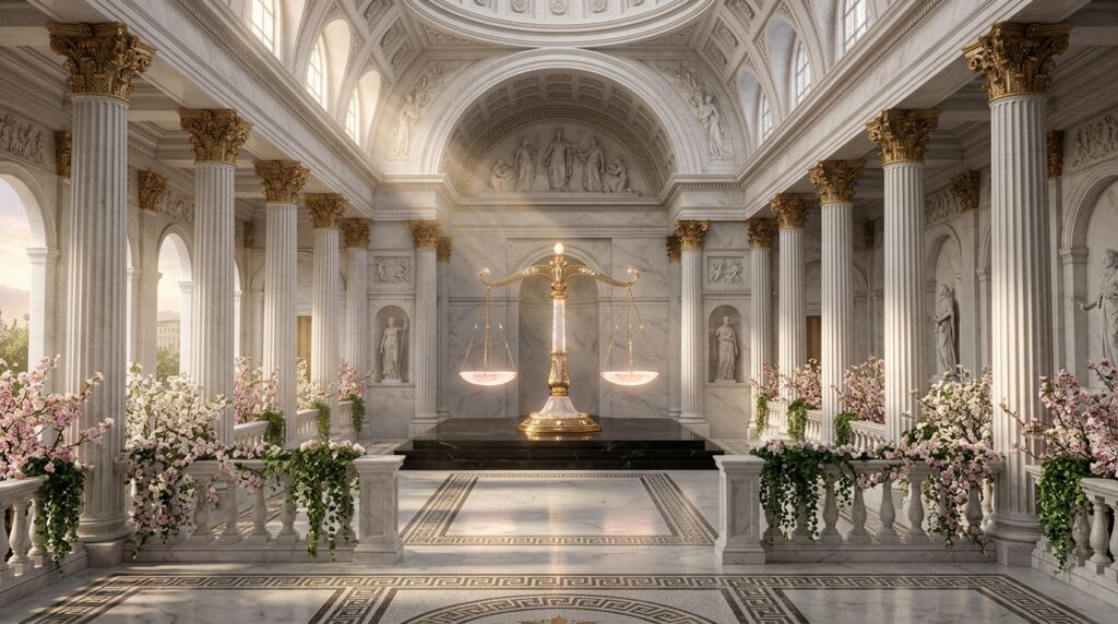 Golden balance scale in neoclassical hall representing Canadian gaming regulatory transparency standards